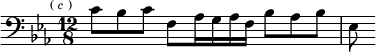  \relative c' { \clef bass \key ees \major \time 12/8 \partial 8*9 \mark \markup \tiny { ( \italic c ) } c8 bes c f, aes16 g aes f bes8 aes bes | ees, }