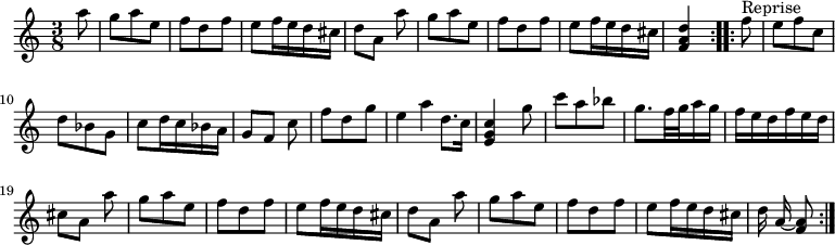 { \time 3/8 \partial 8 \relative a'' { \repeat volta 2 { a8 | g a e | f d f | e f16 e d cis | d8[ a] a' | g a e | f d f | e f16 e d cis | <d a f>4 } \repeat volta 2 { f8^"Reprise" | e f c | d bes g | c d16 c bes a | g8[ f] c' | f d g | e4*1/2 a d,8.*1/2 c16*1/2 | <c g e>4 g'8 | c a bes | g8. f32 g a16 g f e d f e d cis8[ a] a' | g a e | f d f | e f16 e d cis | d8[ a] a' | g a e | f d f | e f16 e d cis | d a ~ <a f>8 } } }