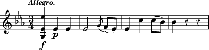 { \time 3/4 \key ees \major \override Score.Rest #'style = #'classical \tempo \markup { \smaller \italic Allegro. } \relative g { <g ees' ees'>4\f ees'\p ees ees2 \acciaccatura g8 f8( ees) ees4 c' c8( bes) bes4 r r } }