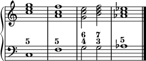 
\new PianoStaff <<
  \new Staff = "right"
  \relative c'' {
    \override Staff.TimeSignature #'stencil = ##f
    <c e g>1
    <a c f>
    <g c e>2 <b d f>
    <as c es>1
  }
  \new Staff = "left"
  \figuremode {
    <5>1 <5> <6 4>2 <7 3> <5>1
    \bar "|."
  }
  \context Staff = "left"
  \relative c {
    \clef bass
    \override Staff.TimeSignature #'stencil = ##f
    c1 f g2 g as1
  }
>>
