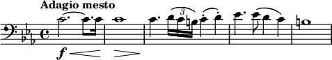 
\language "italiano"

\layout {
  indent = 0 \mm
  short-indent = 0 \mm
  line-width = 12.5 \cm
}

\relative do' {
  \key do \minor
  \clef bass
  \time 4/4
  \tempo "Adagio mesto"
  \override Score.BarNumber.break-visibility = ##(#f #f #f)
  do2.~\f\< do8. do16 | do1\> | do4.\! \tupletUp \tuplet 3/2 {re16( do si)} do4^.( re^.) | mib4. mib8( re4 do) | si1 |
}
