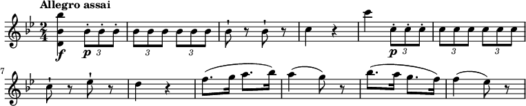 
\relative c'' {
  \version "2.18.2"
  \key bes \major
  \time 2/4
  \tempo "Allegro assai"
   \tempo 4 = 160
  <d, bes' bes'>4 \f  \tuplet 3/2 {bes'8-.\p bes-. bes-. }
   \tuplet 3/2 {bes bes bes}  \tuplet 3/2 {bes bes bes}
   bes8-! r8  bes8-! r8
   c4 r4
   c' \tuplet 3/2 {c,8-.\p c-. c-. }
   \tuplet 3/2 {c c c}  \tuplet 3/2 {c c c}
   c8-! r8 ees-! r8
   d4 r4
   f8. (g16 a8. bes16)
   a4 (g8) r8
   bes8. (a16 g8. f16)
   f4 (ees8) r8
}
