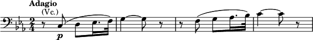  \relative g, { \clef bass \key c \minor \time 2/4 \tempo "Adagio" r8^\markup { (Vc.)} c8\p( d es16. f32) | g4~ g8 r8 | r f8( g as16. bes32) | c4~ c8 r8 }