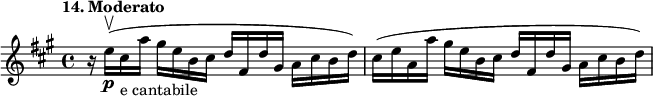 
%etude14
\relative e''
{  
\set Staff.midiInstrument = #"violin"
\time 4/4
\tempo "14. Moderato"
\key a \major
r16 e16\upbow \p (cis-"e cantabile" a' gis e b cis d fis, d' gis, a cis b d ) |
cis (e16 a, a' gis e b cis d fis, d' gis, a cis b d )
}

