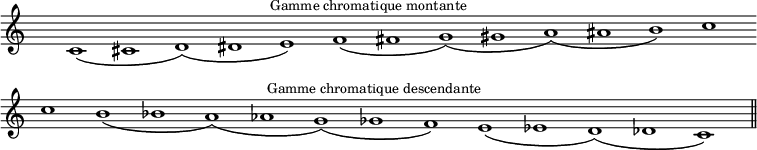 
\relative c'{
\override Staff.TimeSignature #'transparent = ##t
\time 26/2
\override Staff.BarLine #'transparent = ##t  
\override Score.BarNumber #'break-visibility = #'#(#f #f #f)
c1\( cis^\markup { \halign #-2.5 \fontsize #-1 \center-column {\line {Gamme chromatique montante}}} d\)\( dis e\) f\( fis g\)_\( gis a\)_\( ais b\) c 
c b_\( bes a\)_\( aes g\)_\( ges f\) e_\( ees d\)_\( des^\markup { \halign #+2.5 \fontsize #-1 \center-column {\line {Gamme chromatique descendante} } } c\)
\once \override Staff.BarLine #'transparent = ##f
\bar "||"
}
