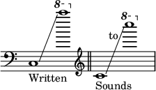 { \clef bass \time 2/1 \override Score.TimeSignature #'stencil = ##f c1_"Written"\glissando  \ottava #1 c'''' \ottava #0 \bar "||" \clef treble c'_"Sounds"\glissando \ottava #1 c'''''^\markup { \halign #2.5 to } }