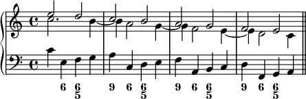 \version "2.18.2"
\header {
  tagline = ##f
        }
upper = \relative c'' {
  \key c \major
  \time 4/4
  \tempo 2 = 54
       <<
         {
           \voiceOne
           e2 d c b a g f e \bar "||" }
         \new Voice {
           \voiceTwo
         c'2. b4~ b a2 g4~ g f2 e4~ e d2 c4  }
       >>
                }

lower = \relative c' {
  \clef bass
  \key c \major
  \time 4/4
  
   c4 e, f g a c, d e f a, b c d f, g a
       
}

\score {
  \new PianoStaff <<
    \new Staff = "upper" \upper
    \new Staff = "lower" 
     <<
      \lower
      \figures { s4 <6>4 <6 5> s <9> <6> <6 5> s <9> <6> <6 5> s <9> <6> <6 5> s}
     >>
  >>
  \layout {
    \context {
      \Score
      \remove "Metronome_mark_engraver"
    }
  }
  \midi { }
}