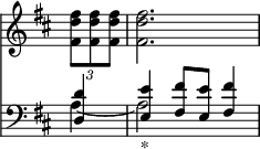 { \override Score.TimeSignature #'stencil = ##f \time 3/4 \key d \major \partial 4 << \relative f'' { \times 2/3 { <fis d fis,>8 q q } q2. }
\new Staff { \clef bass \key d \major \relative d << { <d d'>4 <e e'>_"*" <fis fis'>8 <e e'> <fis fis'>4 } \\ { a4 ~ a2 } >> } >> }