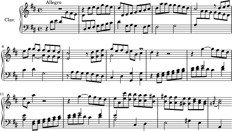 
\version "2.18.2"
\header {
 tagline = ##f
 % composer = "Domenico Scarlatti"
 % opus = "K. 236"
 % meter = "Allegro"
}

%% les petites notes
trillCis = { \tag #'print { cis4\prall } \tag #'midi { d32 cis d cis~ cis8 } }

upper = \relative c'' {
 \clef treble 
 \key d \major
 \time 4/4
 \tempo 4 = 124
 \set Staff.midiInstrument = #"harpsichord"
 \override TupletBracket.bracket-visibility = ##f

 s8*0^\markup{Allegro}
 R1 | b4\rest d8 e d g fis e | d d, e fis g a b cis |
 % ms. 4
 d a' a g g fis e d | \stemUp cis2 r8 d8 e fis | \stemNeutral e8 g << { g8 fis fis e e d } \\ { a4~ a8 g g fis } >> | < e cis' >2 r8 < fis d' >8 < g e' > < a fis' >
 % ms. 8
 << { g'8 e fis d } \\ { a2 } >> e'8 b \trillCis | d4 r4 r2 | r4 g4~ g8 fis e d | e a, a'4 | r2 |
 % ms. 12
 r4 g4~ g8 fis e d | e a, < e' cis' >8 < d b' > q < cis a' > q < b gis' > | q < a fis' > q < gis e' > q < b d > < a cis > < gis b > \appoggiatura < gis b >8 < a cis >2
 % ms. 16
 
 % ms. 20
 

}

lower = \relative c' {
 \clef bass
 \key d \major
 \time 4/4
 \set Staff.midiInstrument = #"harpsichord"
 \override TupletBracket.bracket-visibility = ##f

 % ************************************** \appoggiatura a16 \repeat unfold 2 { } \times 2/3 { } \omit TupletNumber 
 r4 d8 e d \stemDown \change Staff = "upper" g fis e | d \stemNeutral \change Staff = "lower" d, e fis g a b cis | d4 g,8 a g4 fis8 g |
 % ms. 4
 fis2 g | a8 \stemDown \change Staff = "upper" a' a g g fis e d | \stemNeutral \change Staff = "lower" cis4 d g,2 | r8 a8 a g g fis e d |
 % ms. 8
 cis4 d < g, g' >4 < a g' > | r4 < d fis >8 < e g > < fis a > < g b > < a cis > < b d > | << { s4 g'2 fis4 } \\ { < cis e >8 < d fis > e d cis4 d } >> | < a e' >4 < d, fis >8 < e g > < fis a > < g b > < a cis > < b d > |
 % ms. 12
 << { s4 g'2 fis4 | e } \\ { < cis e >8 < d fis > e d cis4 d | a2 } >> cis,4 d | e2 gis4 e | a,4 s4
 % ms. 16
 
 % ms. 20
 

}

thePianoStaff = \new PianoStaff <<
 \set PianoStaff.instrumentName = #"Clav."
 \new Staff = "upper" \upper
 \new Staff = "lower" \lower
 >>

\score {
 \keepWithTag #'print \thePianoStaff
 \layout {
 #(layout-set-staff-size 17)
 \context {
 \Score
 \override SpacingSpanner.common-shortest-duration = #(ly:make-moment 1/2)
 \remove "Metronome_mark_engraver"
 }
 }
}

\score {
 \keepWithTag #'midi \thePianoStaff
 \midi { }
}
