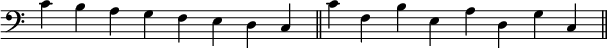   {
\override Score.TimeSignature #'stencil = ##f
\relative c' { \key c \major \clef bass \time 8/4
  c b a g f e d c \bar "||" c' f, b e, a d, g c, \bar "||"
} }
\layout { \context { \Score \override SpacingSpanner.base-shortest-duration = #(ly:make-moment 1/16) } }
