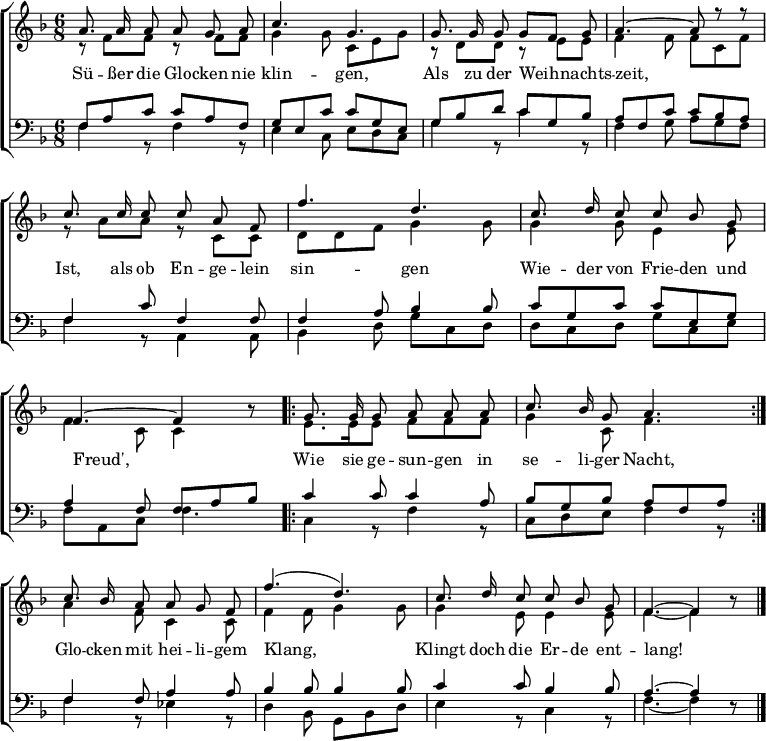 
\header { tagline = ##f }
\layout { indent = 0
 \context { \Score \remove "Bar_number_engraver" }
 \context { \Voice \remove "Dynamic_engraver" }
}
global = {
 \key f \major
 \numericTimeSignature
 \time 6/8
}

% Stimmen ohne angehängtes "A" können für eine alternative Harmonisierung verwendet werden.
soprano = \relative c'' {
 \global \autoBeamOff \set midiInstrument = "celesta"
 a8. a16 a8 a g a | c4 (bes8) g4. |
 g8. g16 g8 g [f] g | a4.~ a4 r8 |
 c8. c16 c8 c a f | f'4 (d8) d4. |
 c8. d16 c8 c bes g | f4.~ f4 r8 |
 \repeat volta 2 { g8.g16 bes8 a a c | c8. bes16 a8 g4. | }
 c8. bes16 a8 a g f | f'4. (d) |
 c8. d16 c8 c bes g | f4.~ f4 r8 \bar "|."
}
sopranoA = \relative c'' {
 \global \autoBeamOff \set Voice.midiPanPosition = -0.5 \set midiInstrument = "celesta"
 a8. a16 a8 a g a | c4. g4. |
 g8. g16 g8 g [f] g | a4.~ a8 r8 r8 |
 c8. c16 c8 c a f | f'4. d4. |
 c8. d16 c8 c bes g | f4.~ f4 r8 |
 \repeat volta 2 { g8. g16 g8 a a a | c8. bes16 g8 a4. | }
 c8. bes16 a8 a g f | f'4. (d) |
 c8. d16 c8 c bes g | f4.~ f4 r8 \bar "|."
}
% (Alternative)
alto = \relative c' {
 \global \autoBeamOff \set midiInstrument = "vibraphone"
 f8.\pp f16 f8 f f f | g4. c,4. |
 e8. e16 e8 e [d] e | f4.~ f4 r8 |
 f8. f16 f8 f f f | f4. f4. |
 f8. f16 f8 e e e | c4.~ c4 r8 |
 \repeat volta 2 { e8. e16 g8 f f a | e8. e16 f8 e4. | }
 f8. e16 f8 f e f | f4.~ f |
 f8. f16 f8 e e e | c4.~ c4 r8 \bar "|."
}
altoA = \relative c' {
 \global \set Voice.midiPanPosition = 0.5 \set midiInstrument = "vibraphone"
 r8\pp f f r f f | g4 g8 c, e g |
 r d d r e e | f4 f8 f c f |
 r a a r c, c | d d f g4 g8 |
 g4 g8 e4 e8 | f4 c8 c4 r8 |
 \repeat volta 2 { e8. e16 e8 f f f | g4 c,8 f4. | }
 a4 f8 c4 c8 | f4 f8 g4 g8 | g4 e8 e4 e8 | f4.~ f4 r8 \bar "|."
}
% (Alternative)
tenor = \relative c' {
 \global \autoBeamOff \set midiInstrument = "clav"
 c8.\pp c16 c8 c bes c | g4. g4. |
 c8. c16 c8 c4 c8 | c4.~ c4 r8 |
 a8. a16 a8 a c a | d4 (bes8) bes4. |
 a8. bes16 a8 g c bes | a4.~ a4 r8 |
 \repeat volta 2 { c8. c16 c8 c a f | g8. g16 f8 c'4. | }
 c8. c16 c8 c bes a | d4. (bes) |
 a8. bes16 a8 g c bes | a4.~ a4 r8 \bar "|."
}
tenorA = \relative c {
 \global \set Voice.midiPanPosition = -1 \set midiInstrument = "clav"
 f8\pppp a c c a f | g e c' c g e |
 g bes d c g bes | a f c' c bes a |
 f4 c'8 f,4 f8 | f4 a8 bes4 bes8 |
 c g c c e, g | a4 f8 f a bes |
 \repeat volta 2 { c4 c8 c4 a8 | bes g bes a f a | }
 f4 f8 a4 a8 | bes4 bes8 bes4 bes8 |
 c4 c8 bes4 bes8 | a4.~ a4 r8 \bar "|."
}
% (Alternative)
bass = \relative c {
 \global \autoBeamOff \set midiInstrument = "orchestral harp"
 f8.\pp f16 f8 f f f | e4. e |
 c8. c16 c8 c4 c8 | f4.~ f4 r8 |
 f8. f16 f8 f f f | bes,4. bes |
 c8. c16 c8 c c c | f4.~ f4 r8 |
 \repeat volta 2 { c8. c16 c8 c c c | c8. c16 c8 c4. | }
 a'8. g16 f8 f f f | bes,4.~ bes |
 c8. c16 c8 c c c | f4.~ f4 r8 \bar "|."
}
bassA = \relative c {
 \global \set Voice.midiPanPosition = 1 \set midiInstrument = "orchestral harp"
 f4\pp r8 f4 r8 | e4 c8 e d c |
 g'4 r8 c4 r8 | f,4 g8 a g f |
 f4 r8 a,4 a8 | bes4 d8 g c, d |
 d c d g c, e | f a, c f4. |
 \repeat volta 2 { c4 r8 f4 r8 | c d e f4 r8 | }
 f4 r8 es4 r8 | d4 bes8 g bes d |
 e4 r8 c4 r8 | f4.~ f4 r8 \bar "|."
}
verse = \lyricmode {
 Sü -- ßer die Glo -- cken nie klin -- gen,
 Als zu der Weih -- nachts -- zeit,
 Ist, als ob En -- ge -- lein sin -- gen
 Wie -- der von Frie -- den und Freud',
 Wie sie ge -- sun -- gen in se -- li -- ger Nacht,
 Glo -- cken mit hei -- li -- gem Klang,
 Klingt doch die Er -- de ent -- lang!
}

\score {
 \new ChoirStaff <<
 \new Staff \with { \consists "Merge_rests_engraver" }
 <<
 \new Voice = "soprano" { \voiceOne \sopranoA }
 \addlyrics { \verse }
 \new Voice = "alto" { \voiceTwo \altoA }
 >>
 \new Staff \with { \consists "Merge_rests_engraver" }
 <<
 \clef bass
 \new Voice = "tenor" { \voiceOne \tenorA }
 \new Voice = "bass" { \voiceTwo \bassA }
 >>
 >>
 \layout { }
}
\score { \unfoldRepeats
 { << \sopranoA \\ \altoA \\ \tenorA \\ \bassA >> }
 \midi {
 \tempo 4.=56
 \context { \Score midiChannelMapping = #'instrument }
 \context { \Staff \remove "Staff_performer" }
 \context { \Voice \consists "Staff_performer" }
 }
}
