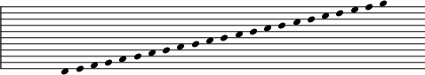 
\score {
  \new Staff \with {
  \override StaffSymbol #'line-count = #11
}
  \relative c {
\clef G  
\override Staff.TimeSignature #'transparent = ##t
\override Staff.Clef #'transparent = ##t  
\override Staff.BarLine #'transparent = ##t  
\time 25/4
\override Stem #'length = #0
e4 f g a b c d e f g a b c d e f g a b c d e f s s \break
} % relative
\layout{
  indent = 0\cm
  line-width = #120
  \set fontSize = #-1
  \override Score.BarNumber #'break-visibility = #'#(#f #f #f)
} %layout
\midi { }
} %score
\header { tagline = ##f}
