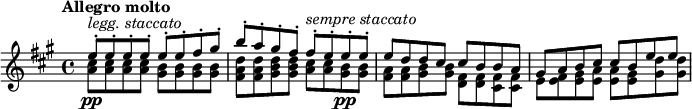 
\relative c'' { \key a \major \time 4/4 \set Score.tempoHideNote = ##t \tempo "Allegro molto" 4=135
 <<
  {
   e8-.^\markup { \italic { legg. staccato } } e-. e-. e-. e-. e-. fis-. gis-.
   b-. a-. gis-. fis-. fis-.^\markup { \italic { sempre staccato } } e-. e-. e-.
   e d d cis cis b b a gis a b cis cis b e e
  }
 \\
  {
   <cis a>8\pp q q q <b gis> q q q <d a fis> q <d b gis> q <cis a> q <b gis>\pp q
   <a fis> q <gis b> q <fis d> q <fis cis> q e <fis e> <gis e> <a e> q <gis e> <d' gis,> q
  }
 >>
}
