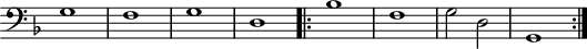 
\version "2.14.2"
\header {
 tagline = ##f
}

\score {
 \new Staff \with {
 \remove "Time_signature_engraver"

 }
<<
 \relative c' {
 \key f \major
 \clef bass
 \time 2/2
 \tempo 2 = 80
 \override TupletBracket #'bracket-visibility = ##f 
 \autoBeamOff
 \set Staff.midiInstrument = #"harpsichord"

 %%%%%%%% Passamezzo antico

 g1 f g d
 \repeat volta 2 { bes'1 f g2 d g,1 }

 }
>>
 \layout {
 \context { \Score \remove "Metronome_mark_engraver" }
 \context {
 \remove "Metronome_mark_engraver"
 }
 }
 \midi {}
}
