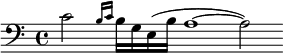  \relative c'{\set Staff.midiInstrument = #"concertina"\clef bass\cadenzaOn  c2\grace { b16[c] } [b g e (b'] a1~a2) } 