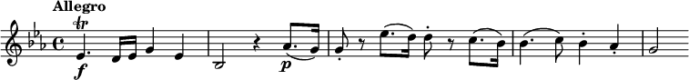  \relative c' { \set Staff.midiInstrument = #quot;Stringensemble 1quot; \tempo quot;Allegroquot; \set Score.tempoHideNote = ##t \tempo 4 = 150 \key es \major es4.\f\trill d16 es g4 es | bes2 r4 as'8.(\p g16) | g8-. r es'8.( d16) d8-. r c8.( bes16) | bes4.(c8) bes4-. wie-. | g2 } 