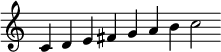 
{
\override Score.TimeSignature #'stencil = ##f
\relative c' { 
  \clef treble
  \cadenzaOn
  c4 d e fis g a b c2
} }
