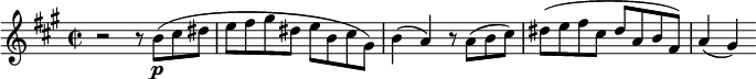 
\version "2.18.2"
\relative c'' {
  \key a \major
  \time 2/2
  \tempo ""
  \tempo 4 = 122
  \set Staff.midiInstrument = "violin"
  r2 r8 b\p (cis dis
  e fis gis dis e b cis gis)
  b4 (a) r8 a (b cis)
  dis (e fis cis dis a b fis)
  a4 (gis)
}
