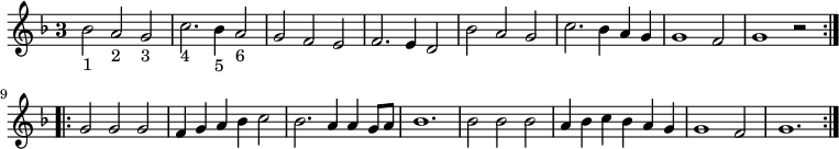 { \key f \major \time 3/2 \override Staff.TimeSignature #'style = #'single-digit \relative b' { \repeat volta 2 {
  bes2_"1" a_"2" g_"3" | c2._"4" bes4_"5" a2_"6" | g f e | f2. e4 d2 | bes' a g | c2. bes4 a g | g1 f2 | g1 r2 }
\repeat volta 2 {
  g g g | f4 g a bes c2 | bes2. a4 a g8 a | bes1. | bes2 bes bes | a4 bes c bes a g | g1 f2 | g1. }
} }