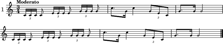 
\version "2.18.2"
\language "italiano"
melody = \relative do' {
  \set Staff.instrumentName =  \markup \fontsize #2 #"1"
  \tempo \markup \fontsize #0  { "Moderato" } 
  \clef treble
  \key do \major
  \time 3/4
  \override Rest #'style = #'classical
  \tupletDown \tuplet 3/2 { do16[ do do] } do8 \tuplet 3/2 { mi16[ mi mi] } mi8 \tuplet 3/2 { sol16[ sol sol] } sol8 |
  \stemDown do8. sol16 do4 \stemNeutral \tuplet 3/2 { sol8 mi do } | sol'8. sol16 sol2 | \break
  \tuplet 3/2 { do,16[ do do] } do8 \tuplet 3/2 { mi16[ mi mi] } mi8 \tuplet 3/2 { sol16[ sol sol] } sol8 |
  \stemDown do8. sol16 do4 \stemNeutral \tuplet 3/2 { sol8 mi do } | sol'8. sol16 sol2 | \bar "|."
}
\score {
  <<
    \new Staff \with {
    midiInstrument = "trumpet"
    } 
    {  \melody   }
  >>
  \layout {
    \context { \Staff \RemoveEmptyStaves }
    indent = 0.5\cm
    \override Rest #'style = #'classical
    \override Score.BarNumber #'stencil = ##f
    \set fontSize = #-2
  }
  \midi {
      \context {
      \Score
      tempoWholesPerMinute = #(ly:make-moment 90 4)
    }
  }
}
\header { tagline = ##f}
