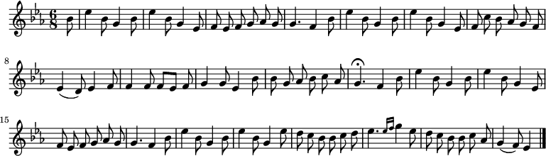 
\relative c'' {
  \key ees \major
  \numericTimeSignature
  \time 6/8
  \partial 8
  \autoBeamOff
  bes8
  ees4 bes8 g4 bes8
  ees4 bes8 g4 ees8
  f ees f g aes g
  g4. f4 bes8
  ees4 bes8 g4 bes8
  ees4 bes8 g4 ees8
  f c' bes aes g f
  ees4( d8) ees4 f8
  f4 f8 f[ ees] f
  g4 g8 ees4 bes'8
  bes g aes bes c aes
  g4.\fermata f4 bes8
  ees4 bes8 g4 bes8
  ees4 bes8 g4 ees8
  f ees f g aes g
  g4. f4 bes8
  ees4 bes8 g4 bes8
  ees4 bes8 g4 ees'8
  d c bes bes c d
  ees4. \grace { ees16[ f] } g4 ees8
  d c bes bes c aes
  g4( f8) ees4 \bar "|."
}
