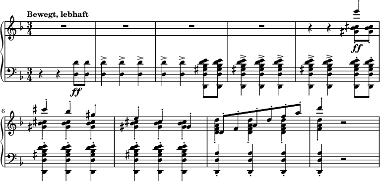 
\relative c''' { \new PianoStaff << \new Staff << \new Voice = "first" { \set Staff.midiInstrument = #"piano" \set Score.tempoHideNote = ##t \tempo "Bewegt, lebhaft " 4 = 175 \stemUp \clef treble \key d \minor \time 3/4 R2.*4 |  s4 s4 e4 ^.  |  cis4 ^.  bes4 ^.  gis4 ^.  |  e4 ^.  cis4 ^.  gis4 ^.  |  d8 ^.  f8 ^.  a8 ^.  d8 ^.  f8 ^.  a8 ^.  |  d4 ^.  s2 |  } \relative c'' \new Voice = "second" { \stemDown s1*3 |  r4 r4 <gis bes cis>8 \ff _.  <gis bes cis>8 _.  |  <gis bes cis>4 _.  <gis bes cis>4 _.  <gis bes cis>4 _.  |  <gis bes cis>4 _.  <gis bes cis>4 _.  <gis bes cis>4 _.  |  <dfa d>4 _.  <dfa d>4 _.  <dfa d>4 _.  |  <fa d>4 _.  r2 |  } >> \new Staff << \relative c \new Stem = "derde" { \sleutel bas \toets d \mineur \time 3/4 r4 r4 <d d'>8 \ff <d d'>8 |  <d d'>4 -> <d d'>4 -> <d d'>4 -> |  <d d'>4 -> <d d'>4 -> <d, d' gis bes d e>8 <dd' gis bes d e>8 |  <dd' gis bes d e>4 -> <dd' gis bes d e>4 -> <dd' gis bes d e>4 -> |  <dd' gis bes d e>4 -> <dd' gis bes d e>4 -> <dd' gis bes d e>8 -.  <dd' gis bes d e>8 -.  |  <dd' gis bes d e>4 -.  <dd' gis bes d e>4 -.  <dd' gis bes d e>4 -.  |  <dd' gis bes d e>4 -.  <dd' gis bes d e>4 -.  <dd' gis bes d e>4 -.  |  <dd'a'>4 -.  <dd'a'>4 -.  <dd'a'>4 -.  |  <dd'a'>4 -.  r2 |  } >> >> }
