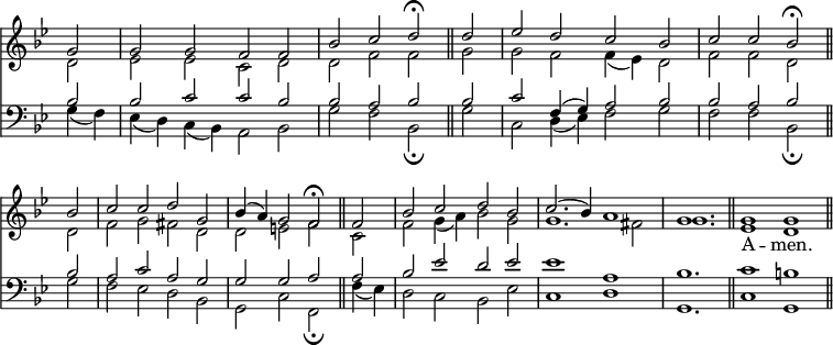 
<< <<
\new Staff { \clef treble \time 4/2 \partial 2 \key g \minor \set Staff.midiInstrument = "church organ" \omit Staff.TimeSignature \set Score.tempoHideNote = ##t \override Score.BarNumber  #'transparent = ##t
  \relative c''
  << { g2 | g g f f | bes c d \fermata \bar"||" d | es d c bes | c c bes \fermata \bar"||" \break
  bes | c c d g, | bes4( a) g2 f \fermata \bar"||" f | bes c d bes | c2.( bes4) a1 | \time 3/2 g1. \bar"||" \time 4/2 g1 g \bar"||" } \\
  { d2 | es es c d | d f f g | g f f4( es) d2 | f f d
  d | f g fis d | d e f c | f g4( a) bes2 g | g1. fis2 | g1. | es1 d | } >>
}
  \addlyrics {
     _ _ _ _ _ _ _ _ _ _ _ _ _ _ _ _
     _ _ _ _ _ _ _ _ _ _ _ _ _ _ _ _ _ _ _ _ _ A -- men.
   }
\new Staff { \clef bass \key g \minor \set Staff.midiInstrument = "church organ" \omit Staff.TimeSignature
  \relative c'
  << { bes2 | bes c c bes | bes a bes bes | c f,4( g) a2 bes | bes a bes
  bes | a c a g | g g a a | bes es d es | es1 a, | bes1. | c1 b | } \\
  { g4( f) | es( d) c( bes) a2 bes | g' f bes, \fermata g' | c, d4( es) f2 g | f f bes, \fermata 
  g' | f es d bes | g c f, \fermata f'4( es) | d2 c bes es | c1 d | g,1. | c1 g | } >>
}
>> >>
\layout { indent = #0 }
\midi { \tempo 2 = 50 }
