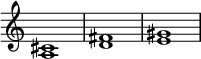 { \override Score.TimeSignature #'stencil = ##f <cis' a>1 <d' fis'> <e' gis'> }