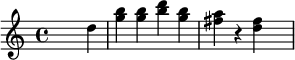 {\ set Staff.midiInstrument = # "celesta" \ time 4/4 \ skip2.  d''4 <b '' g ''> 4 <b '' g ''> 4 <d '' 'b' '> 4 <b' 'g' '> 4 <fis' 'a' '> 4 r4 <d '' fis ''> 4 \ skip4}