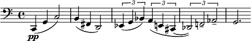 \relative c { \clef bas \time 4/4 c,4(\pp g' c2) |  b4( fis d2) |  \times 2/3 { ees4( g bes) } \times 2/3 { a( e cis~ } | \times 2/3 { des2) f!-- aes-- } |  g2.  }