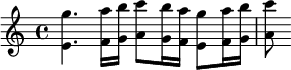 \relative c'' {<g' e,>4. <a f,>16 <h g,> <c a,>8 <h g,>16 <a f,> <g e,>8 <a f,>16 <h g,> <c a,>8 }