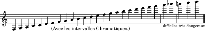 
\relative c {
  \override Staff.TimeSignature #'stencil = ##f
  \cadenzaOn
  f g a b c d e_"(Avec les intervalles Chromatiques.)"
  f g a b c d e
  f g a b c d e
  f g \bar "|" a_\markup{\tiny difficiles} bes \bar "|" b_\markup{\tiny {très dangereux}} c d 
  \bar "||"
}
