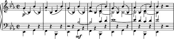 { \new PianoStaff <<  \new Staff <<  \new Voice \relative g' { \set Score.tempoHideNote = ##t \tempo 2 = 60  \clef "treble" \key es \major \stemUp \set Staff.midiInstrument = #"string ensemble 2" \time 2/2 | % 1  g4 \p ( bes,4 ) bes'4 ( bes,4 ) | % 2  as'4 -! bes,4 ( d4 bes'4 ) | % 3  g4 ( bes,4 ) bes'4 ( bes,4 ) | % 4  as'4 -! bes,4 ^( d4 bes'4 ) | % 5  g4 ^( bes,4 ) bes'4 ^( bes,4 ) | % 6  as'4 -! bes,4 ^( d4 bes'4 ) | % 7  bes4 r4 r2 }  \relative bes {  \clef "treble" \key es \major \stemDown \time 2/2 | % 1  s1*3 | % 4  r2 bes2 _~ | % 5  bes2 bes2 _~ | % 6  bes2 bes2 _~ | % 7  bes4 s4 s2 } >>  \new Staff <<  \new Voice \relative es, { \set Staff.midiInstrument = #"string ensemble 2"  \clef "bass" \key es \major \stemDown \time 2/2  es4 r4 g4 r4 | % 2  f4 r4 bes,4 r4 | % 3  es4 r4 g4 \mf r4 | % 4  f4 r4 bes,4 r4 | % 5  es4 r4 g4 r4 | % 6  f4 r4 bes,4 r4 | % 7  es4 r4 r2 }  \relative bes {  \clef "bass" \key es \major \stemUp \time 2/2  s2*4 | % 3  r2 bes2 ~ | % 4  bes2 c4 d4 | % 5  es1 ~ | % 6  es4 d4 c4 d4 | % 7  es2 s4 s4 } >>>> }