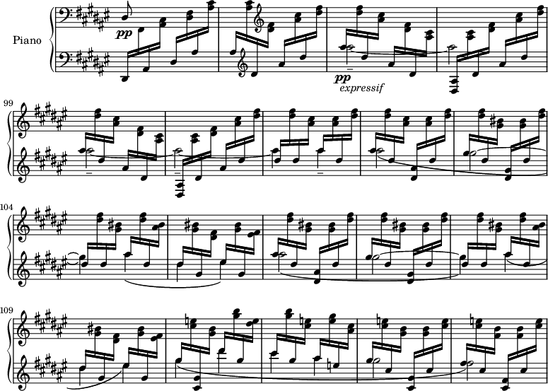 
\version "2.18.2"
\header {
 tagline=##f
}
upper=\relative c' {
 %\clef treble
 \key fis \major
 \time 2/4
 \omit Staff.TimeSignature
 \tempo 4=130 % ravel note 144, mais sonne mieux pour l'exemple
 \tempo "Vif"
 \set Score.currentBarNumber=#95
 \set Staff.midiInstrument=#"acoustic grand"

 \clef bass \stemUp dis,8\pp s8 s4*3

 % ms. 97 à 100
 \change Staff="lower" \clef treble \stemDown ais'''2_-_~-\tweak stencil ##f \fff ais-\tweak stencil ##f \fff ais2_-_~ -\tweak stencil ##f \fff ais_-_~ ais4-\tweak stencil ##f \fff ais4_--\tweak stencil ##f \fff \repeat unfold 2 { ais2_\(-\tweak stencil ##f \fff gis~-\tweak stencil ##f \fff gis4_\) ais4_\(-\tweak stencil ##f \fff dis,-\tweak stencil ##f \fff eis\) } gis4_\( dis'-\tweak stencil ##f \fff cis4-\tweak stencil ##f \fff ais-\tweak stencil ##f \fff gis2-\tweak stencil ##f \fff fis\) % fin ms. 113

}

lower=\relative c {
 \clef bass
 \key fis \major
 \time 2/4
 \omit Staff.TimeSignature
 \set Staff.midiInstrument=#"acoustic grand"
 \set Score.proportionalNotationDuration=#(ly:make-moment 1/16)

 % ms. 95
 dis,16 \change Staff="upper" fis16 \change Staff="lower" ais \change Staff="upper" < ais cis >16
 \change Staff="lower" \stemUp dis16 \change Staff="upper" \stemDown < dis fis >16 \repeat unfold 2 { \change Staff="lower" \stemUp ais' \change Staff="upper" \stemDown < ais cis >16 }

 % ms. 96 suite
 \change Staff="lower" \stemUp \clef treble dis16 \change Staff="upper" \stemDown \clef treble < dis fis >16 \change Staff="lower" \stemUp ais' \change Staff="upper" \stemDown < ais cis >16 \change Staff="lower" \stemUp dis \change Staff="upper" \stemDown < dis fis >16 

 % ms. 97 et 98 * 99 et 100
 s4*0\pp-\markup { \italic "expressif"}
 \clef treble
 \repeat unfold 2 {

 % ms. 97 et 99
 \change Staff="lower" \stemUp ais'16 \change Staff="upper" \stemDown < dis, fis >16 
 \change Staff="lower" \stemUp dis16 \change Staff="upper" \stemDown < ais cis >16 
 \change Staff="lower" \stemUp ais16 \change Staff="upper" \stemDown < dis, fis >16 
 \change Staff="lower" \stemUp dis16 \change Staff="upper" \stemDown < ais cis >16

 % ms. 98 et 100
 \change Staff="lower" \stemUp < dis, ais' >16 \change Staff="upper" \stemDown \clef treble < ais' cis >16 
 \change Staff="lower" \stemUp dis16 \change Staff="upper" \stemDown < dis fis >16
 \change Staff="lower" \stemUp ais' \change Staff="upper" \stemDown < ais cis >16 
 \change Staff="lower" \stemUp dis16 \change Staff="upper" \stemDown < dis fis >16
 } % repet

 % ms. 101
 \change Staff="lower" \stemUp dis16 \change Staff="upper" \stemDown \clef treble < dis fis >16 
 \change Staff="lower" \stemUp dis16 \change Staff="upper" \stemDown < ais cis >16
 \change Staff="lower" \stemUp ais'16 \change Staff="upper" \stemDown \clef treble < ais, cis >16 
 \change Staff="lower" \stemUp dis16 \change Staff="upper" \stemDown < dis fis >16

 % ms. 102
 \change Staff="lower" \stemUp ais'16 \change Staff="upper" \stemDown \clef treble < dis, fis >16 
 \change Staff="lower" \stemUp dis16 \change Staff="upper" \stemDown < ais cis >16
 \change Staff="lower" \stemUp < dis, ais' >16 \change Staff="upper" \stemDown \clef treble < ais' cis >16 
 \change Staff="lower" \stemUp dis16 \change Staff="upper" \stemDown < dis fis >16

 % ms. 103
 \change Staff="lower" \stemUp gis16 \change Staff="upper" \stemDown \clef treble < dis fis >16 
 \change Staff="lower" \stemUp dis16 \change Staff="upper" \stemDown < gis, bis >16
 \change Staff="lower" \stemUp < dis gis >16 \change Staff="upper" \stemDown \clef treble < gis bis >16 
 \change Staff="lower" \stemUp dis'16 \change Staff="upper" \stemDown < dis fis >16

 % ms. 104
 \change Staff="lower" \stemUp dis16 \change Staff="upper" \stemDown \clef treble < dis fis >16 
 \change Staff="lower" \stemUp dis16 \change Staff="upper" \stemDown < gis, bis >16
 \change Staff="lower" \stemUp ais'16 \change Staff="upper" \stemDown \clef treble < dis, fis >16 
 \change Staff="lower" \stemUp dis16 \change Staff="upper" \stemDown < ais bis >16

 % ms. 105
 \change Staff="lower" \stemUp dis16 \change Staff="upper" \stemDown \clef treble < gis, bis >16 
 \change Staff="lower" \stemUp gis16 \change Staff="upper" \stemDown < dis fis >16
 \change Staff="lower" \stemUp eis'16 \change Staff="upper" \stemDown \clef treble < gis, bis >16 
 \change Staff="lower" \stemUp gis16 \change Staff="upper" \stemDown < eis fis >16

 % ms. 106
 \change Staff="lower" \stemUp ais'16 \change Staff="upper" \stemDown \clef treble < dis, fis >16 
 \change Staff="lower" \stemUp dis16 \change Staff="upper" \stemDown < gis, bis >16
 \change Staff="lower" \stemUp < dis ais' >16 \change Staff="upper" \stemDown \clef treble < gis bis >16 
 \change Staff="lower" \stemUp dis'16 \change Staff="upper" \stemDown < dis fis >16

 % ms. 107
 \change Staff="lower" \stemUp gis16 \change Staff="upper" \stemDown \clef treble < dis fis >16 
 \change Staff="lower" \stemUp dis16 \change Staff="upper" \stemDown < gis, bis >16
 \change Staff="lower" \stemUp < dis gis >16 \change Staff="upper" \stemDown \clef treble < gis bis >16 
 \change Staff="lower" \stemUp dis'16 \change Staff="upper" \stemDown < dis fis >16

 % ms. 108=104
 \change Staff="lower" \stemUp dis16 \change Staff="upper" \stemDown \clef treble < dis fis >16 
 \change Staff="lower" \stemUp dis16 \change Staff="upper" \stemDown < gis, bis >16
 \change Staff="lower" \stemUp ais'16 \change Staff="upper" \stemDown \clef treble < dis, fis >16 
 \change Staff="lower" \stemUp dis16 \change Staff="upper" \stemDown < ais bis >16

 % ms. 109=105
 \change Staff="lower" \stemUp dis16 \change Staff="upper" \stemDown \clef treble < gis, bis >16 
 \change Staff="lower" \stemUp gis16 \change Staff="upper" \stemDown < dis fis >16
 \change Staff="lower" \stemUp eis'16 \change Staff="upper" \stemDown \clef treble < gis, bis >16 
 \change Staff="lower" \stemUp gis16 \change Staff="upper" \stemDown < eis fis >16

 % ms. 110
 \change Staff="lower" \stemUp gis'16 \change Staff="upper" \stemDown \clef treble < cis, e >16 
 \change Staff="lower" \stemUp < cis, gis' >16 \change Staff="upper" \stemDown < gis' b >16
 \change Staff="lower" \stemUp dis''16 \change Staff="upper" \stemDown \clef treble < gis, b >16 
 \change Staff="lower" \stemUp gis16 \change Staff="upper" \stemDown < dis e >16

 % ms. 111
 \change Staff="lower" \stemUp cis'16 \change Staff="upper" \stemDown \clef treble < gis b >16 
 \change Staff="lower" \stemUp gis16 \change Staff="upper" \stemDown < cis, e >16
 \change Staff="lower" \stemUp ais'16 \change Staff="upper" \stemDown \clef treble < e gis >16 
 \change Staff="lower" \stemUp e16 \change Staff="upper" \stemDown < ais, cis >16

 % ms. 112
 \change Staff="lower" \stemUp gis'16 \change Staff="upper" \stemDown \clef treble < cis, e >16 
 \change Staff="lower" \stemUp cis16 \change Staff="upper" \stemDown < gis b >16
 \change Staff="lower" \stemUp < cis, gis' >16 \change Staff="upper" \stemDown \clef treble < gis' b >16 
 \change Staff="lower" \stemUp cis16 \change Staff="upper" \stemDown < cis e >16

 % ms. 113|il faut bien aller au bout du chant...
 \change Staff="lower" \stemUp fis16 \change Staff="upper" \stemDown \clef treble < cis e >16 
 \change Staff="lower" \stemUp cis16 \change Staff="upper" \stemDown < fis, b >16
 \change Staff="lower" \stemUp < cis fis >16 \change Staff="upper" \stemDown \clef treble < fis b >16 
 \change Staff="lower" \stemUp cis'16 \change Staff="upper" \stemDown < cis e >16

}

\score {
 \new PianoStaff <<
 \set PianoStaff.instrumentName=#"Piano"
 \new Staff="upper" \upper
 \new Staff="lower" \lower
 >>
 \layout {
 #(layout-set-staff-size 16)
 \context {
 \Score
 \override SpacingSpanner.common-shortest-duration=#(ly:make-moment 1/3)
 \remove "Metronome_mark_engraver"
 }
 }
 \midi { }
}
