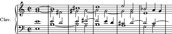 
\version "2.18.2"
\header {
 tagline = ##f
}
upper = \relative c'' {
 \clef treble 
 \key c \major
 \time 2/2
 \tempo 2 = 66
 \tempo "Con brio"
 \set Staff.midiInstrument = #"church organ"

 << { b1~ b cis d e2 a, bes a4 g } \\ { g1~ g2 fis gis a~ a g~ g f e1 s8 } >>

}

lower = \relative c' {
 \clef bass
 \key c \major
 \time 2/2
 \set Staff.midiInstrument = #"church organ"
 
 << { e1 e2 d e fis~ fis e4 d cis2 d~ d c~ \hideNotes c8 } \\ { e,1 b'1~ b2 a b1 a g2 a } >>

} 

\score {
 \new PianoStaff <<
 \set PianoStaff.instrumentName = #"Clav."
 \new Staff = "upper" \upper
 \new Staff = "lower" \lower
 >>
 \layout {
 \context {
 \Score
 \remove "Metronome_mark_engraver"
 }
 }
 \midi { }
}
