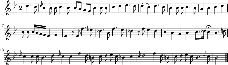 
\relative c'' {
  \key bes \major
  \override Staff.TimeSignature #'style = #'single-digit
  \time 2/2
  \partial 2
  \autoBeamOff
  d4. c8
  \grace d bes4 bes8 bes c4. bes8
  bes[ a] g[ f] bes4 bes8 bes
  c4 d es4. d8
  d4( c) d4. c8
  bes4 bes8 bes c4. bes8

  a4 bes c d
  c8 c c16[ bes a g] f4 g
  f4 r8 f f'4. es!8
  des4. bes8 f'4. es8
  des4 r8 f es4 des
  c bes a bes

  c8.[ des16] c4\fermata bes4. d8
  \grace d c4 c8 c bes4. d8
  \grace d c4 c f d8 b
  c d es c bes!4 c
  \grace c8 d2 f4 d8 b
  c8 d es c bes4. \grace d8 c
  bes2
  \bar "|."
}
