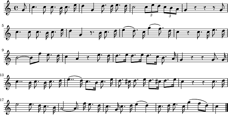 
\relative c'' {
  \key c \major
  \time 4/4
  \partial 8
  \autoBeamOff
  \override Rest #'style = #'classical
  g8
  c4. c8 c8. b16 c8. e16
  d4 g, d'8. d16 e8. d16
  c2 \times 2/3 { c8[ e d] } \times 2/3 { c[ b a] }
  g4 r r r8 g

  c4. c8 c8. b16 c8. e16
  d4 g, r8. b16 c8. d16
  e4( d8.) c16 g'4( f8.) d16
  c4 r c8. c16 e8. d16
  b2~ b8[ f'] e8. d16
  c4 a r e'8. d16

  d8.[ e16] d8.[ e16] d8.[ c16] b8. a16
  g4 r r g8. g16
  c4.. b16 c8. b16 c8. d16
  e4..( d16) c8.[ b16] c8. e16
  d8. cis16 d8. e16 d8.[ cis!16] d8.[ e16]

  % tourne

  c4 r r c8. d16
  e2 e8. d16 c8. b16
  a2~ a8. f'16 e8. d16
  c8. g16 c8. d16 e4( d)
  c8. d16 e8. c16 g'4( f8[ d])
  c4
  \bar "|."
}
