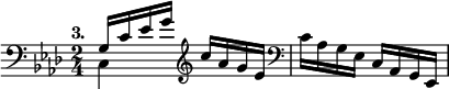 { \key aes \major \time 2/4 \tempo "3." \clef bass \relative g { << { g16 c ees g } \\ { c,,4 } >> \clef treble c''16 aes g ees | \clef bass c aes g ees c aes g ees } }