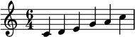 { \numericTimeSignature \time 6/4 \key c \major c' d' e' g' a' c'' }