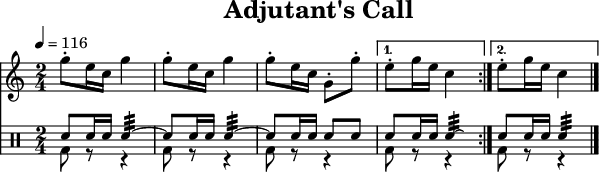 
\header {
  title   = "Adjutant's Call"
  tagline = ##f
}
\paper {
  #(layout-set-staff-size 18)
}
\score {
  <<
    \relative c''' {
    \tempo   4=116
    \key     c \major
    \time    2/4
    \set     Staff.midiInstrument = #"french horn"

    \repeat volta 2 {
      g8-. e16 c16 g'4
      g8-. e16 c16 g'4
      g8-. e16 c16 g8-. g'8-.

    }
    \alternative {
      {
        e8-. g16 e16 c4
      }
      {
        e8-. g16 e16 c4
        \bar "|."
      }
    }
  }
  \drums {
    \repeat volta 2 {
      << { sn8 sn16 sn16 sn4:32~     } \\ { bd8 r8 r4 } >>
      << { sn8 sn16 sn16 sn4:32~     } \\ { bd8 r8 r4 } >>
      << { sn8 sn16 sn16 sn8     sn8 } \\ { bd8 r8 r4 } >>
    }
    \alternative {
      {
        << { sn8 sn16 sn16 sn4:32 \laissezVibrer } \\ { bd8 r8 r4 } >>
      }
      {
        << { sn8 sn16 sn16 sn4:32  } \\ { bd8 r8 r4 } >>
        \bar "|."
      }
    }
  }
  >>
  \layout { }
  \midi   { }
}
