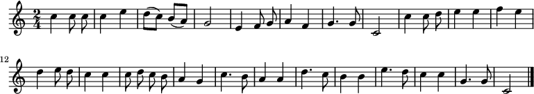 
\relative c'' {
  \time 2/4
  \autoBeamOff
  c4 c8 c
  c4 e
  d8[( c]) b[( a])
  g2
  e4 f8 g
  a4 f
  g4. g8
  c,2
  c'4 c8 d
  e4 e
  f e
  d e8 d

  c4 c
  c8 d c b
  a4 g
  c4. b8
  a4 a
  d4. c8
  b4 b
  e4. d8
  c4 c
  g4. g8
  c,2
  \bar "|."
}
