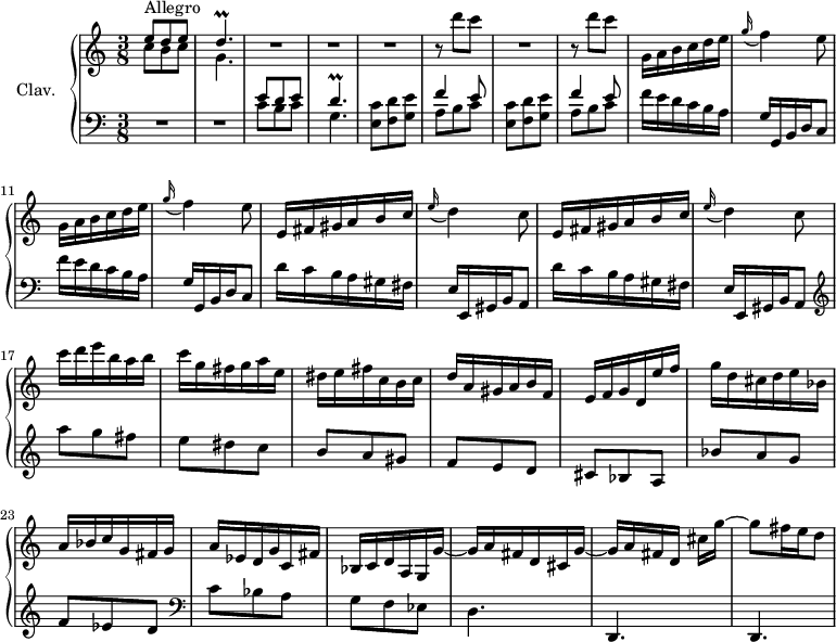 
\version "2.18.2"
\header {
  tagline = ##f
}

%% les petites notes
trillD = { \tag #'print { d4.\prall } \tag #'midi { e32 d e d e d~ d8. } }

upper = \relative c'' {
  \clef treble 
  \key c \major
  \time 3/8
  \tempo 4. = 82
  \set Staff.midiInstrument = #"harpsichord"

   << { e8^\markup{Allegro} d e | \trillD } \\ { c b c | g4. } >> | R4.*2 | \repeat unfold 2 { R4. | r8 d''8 c }
   % ms. 9
   \repeat unfold 2 { g,16 a b  c d e | \appoggiatura g16 f4 e8 } | \repeat unfold 2 { e,16 fis gis a b c |
   % ms. 14
    \appoggiatura e16 d4 c8 } | c'16 d e  b a b | c g fis  g a e | 
   % ms. 19
   dis16 e fis  c b c | d a gis  a b f | e f g  d e' f | g d cis  d e bes | a bes c  g fis g | 
   % ms. 24
   a16 ees d g c, fis | bes, c d  a g g'~ | g a fis  d cis g'~ | g a fis  d cis'[ g'~] | g8 fis16 e d8 |
   % ms. 29

}

lower = \relative c' {
  \clef bass
  \key c \major
  \time 3/8
  \set Staff.midiInstrument = #"harpsichord"

    % **************************************
      R4.*2 | << { e8 d e | \trillD } \\ { c b c | g4. } >> \repeat unfold 2 { < e c' >8 < f d' > < g e' > | << { f'4 e8 } \\ { a,8 b c } >> }
      % ms. 9
      \repeat unfold 2 { f16 e d c b a | g g, b d c8 } | \repeat unfold 2 { d'16 c b a gis fis | e e, gis b a8 } |   \clef treble a'''8 g fis e dis c | 
      % ms. 19
      b8 a gis | f e d | cis bes a | bes' a g f ees d | 
      % ms. 24
        \clef bass c8 bes a g f ees  | d4. | d, | d | 

}

thePianoStaff = \new PianoStaff <<
    \set PianoStaff.instrumentName = #"Clav."
    \new Staff = "upper" \upper
    \new Staff = "lower" \lower
  >>

\score {
  \keepWithTag #'print \thePianoStaff
  \layout {
      #(layout-set-staff-size 17)
    \context {
      \Score
     \override SpacingSpanner.common-shortest-duration = #(ly:make-moment 1/2)
      \remove "Metronome_mark_engraver"
    }
  }
}

\score {
  \keepWithTag #'midi \thePianoStaff
  \midi { }
}
