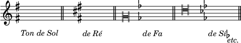 
\language "italiano"
melody=\relative do' {
  \hide NoteHead \hide Stem 
  \time 4/4
  \key do \major <fad fad'>4_\markup { \italic "Ton de Sol" } sol sol sol \bar "||"
  s4 <fad fad' dod>4_\markup { \lower #4 \italic "de Ré" } dod' sol   \bar "||"
  s8 \clef "neomensural-c2" sol8 <sib, sib'>4_\markup { \lower #4 \italic "de Fa" } sol sol \bar "||"
  s8 \clef "neomensural-c4" sol8 <sib mib mib,>4_\markup { \lower #4 \concat { \italic "de Si" \musicglyph #"accidentals.flat" } } la_\markup { \hspace #2.5 \italic "etc."} la \bar "||"
}
\score {
  <<
    \new Staff = "staff" {
      \new Voice = "melody" {
        \melody
      }
    }
  >>
  \layout {
    \context { \Staff 
               \RemoveEmptyStaves 
               \remove "Time_signature_engraver"
             }
    indent = 0\cm
    \override Score.BarNumber #'stencil = ##f
    line-width = #120
  }
  \midi { }
}
\header { tagline = ##f}
