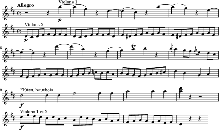 
<<
\new Staff
\relative c'' {
\version "2.18.2"
\clef "treble"
\tempo "Allegro"
\key d \major
\time 2/2
\tempo 4 = 160
r2 r4 a'4\p ^\markup{Violons 1} ~
a (fis) r4 d ~
d (cis) r4 a' ~
a (g) r4 e ~
e (d) r4 d' ~
d (a) r4 fis
(g) a\trill b r4\grace b8 (a4) g8 fis  \grace fis8 (e4) d8 cis
d2\f^\markup{Flûtes, hautbois} d4 d
fis2 fis4 fis
a2 a4 a
<a d> r4 r2
}
\new Staff
\relative c'' {
\clef "treble"
\tempo "Andante"
\key d \major
\time 2/2
d,8\p^\markup{Violons 2} cis d e fis e fis e
d8 cis d e fis e fis d
e dis e fis g fis g fis
e dis e fis g fis g e
fis e fis g a g a g
fis g a b c b c a
b a g fis g a b cis!
d4 b g a
d8\f^\markup{Violons 1 et 2} fis e d cis d b cis
a d cis b a b g a
fis g a g fis g e fis
d4 r4 r4
 }
>>
