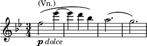  \relative g' { \key g \minor \time 3/4 f'2^\markup { (Vn.) }_\markup { \dynamic p \italic { dolce } }( es'4~ | es d bes) | a2.( | g) }