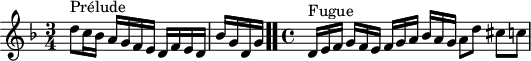 
\version "2.18.2"
\header {
  tagline = ##f
}

\score {
  \new Staff \with {

  }
<<
  \relative c'' {
    \key d \minor
    \time 3/4
	\set Staff.midiInstrument = #"harpsichord" 
    \override TupletBracket.bracket-visibility = ##f

     %% INCIPIT CBT II-6, BWV 875, ré mineur
     d8^\markup{Prélude} c16 bes a g f e d f e d | \once \override Staff.TimeSignature #'stencil = ##f \time 1/4 bes' g d g \bar ".."
     \time 4/4

 
     \omit TupletNumber \tuplet 3/2 { d16^\markup{Fugue}[ e f] } \tuplet 3/2 { g f e } \tuplet 3/2 { f[ g a] } \tuplet 3/2 { bes a g } a8 d cis[ c]

  }
>>
  \layout {
     \context { \Score \remove "Metronome_mark_engraver"
     \override SpacingSpanner.common-shortest-duration = #(ly:make-moment 1/2)
        }
  }
  \midi {}
}
