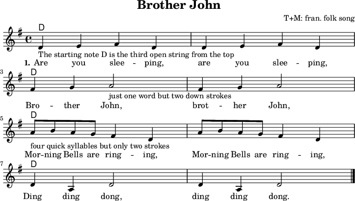 
\version "2.20.0"
\header {
 title = "Brother John"
 composer = "T+M: fran. folk song"
 % arranger = "arr: ccbysa Mjchael"
}
% Akkorde
akkorde = \chordmode {
  \germanChords
  \set Staff.midiInstrument = #"acoustic guitar (nylon)"
  % Akkorde nur beim Wechsel Notieren
  \set chordChanges = ##t
  d,4 d d, d | d,4 d d, d | \break
  d,4 d d, d | d,4 d d, d | \break
  d,4 d d, d | d,4 d d, d | \break
  d,4 d d, d | d,4 d d, d 
}

melodie = \relative c' {
  \clef "treble"
  \time 4/4
  \tempo 4 = 120
  %Tempo ausblenden
  \set Score.tempoHideNote = ##t
  \key g\major
  \set Staff.midiInstrument = #"trombone"
  d4-"The starting note D is the third open string from the top" e fis d | d e fis d | 
  fis g a2 _"just one word but two down strokes" | fis4 g a2 |
  a8_"four quick syllables but only two strokes" b a g fis4 d | a'8 b a g fis4 d |
  d a d2 | d4 a d2
  \bar "|."
}

text = \lyricmode {
  \set stanza = "1."
  Are you slee -- ping, are you slee -- ping,
Bro -- ther John, brot -- her John,
Mor -- ning Bells are ring -- ing, 
Mor -- ning Bells are ring -- ing, 
Ding ding dong, ding ding dong.
}

\score {
  <<
    \new ChordNames { \akkorde }
    \new Voice = "Lied" { \melodie }
    \new Lyrics \lyricsto "Lied" { \text }
  >>
  \midi { }
  \layout { }
}

% unterdrückt im raw="!"-Modus das DinA4-Format.
\paper {
  indent=0\mm
  % DinA4 0 210mm - 10mm Rand - 20mm Lochrand = 180mm
  line-width=180\mm
  oddFooterMarkup=##f
  oddHeaderMarkup=##f
  % bookTitleMarkup=##f
  scoreTitleMarkup=##f
}
