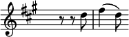 
\relative c'' {
\clef G
\key a \major
\time 3/8
\override Staff.TimeSignature #'transparent = ##t
r8 r8 d8 | fis4( d8) \override Staff.BarLine #'transparent = ##t  |
}
