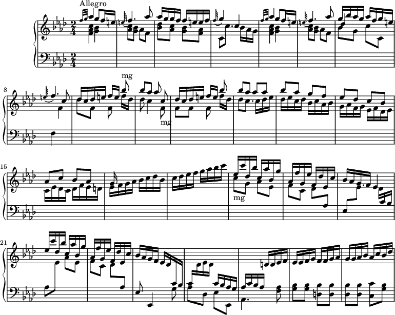 
\version "2.18.2"
\header {
  tagline = ##f
  % composer = "Domenico Scarlatti"
  % opus = "K. 19"
  % meter = "Allegro"
}

%% les petites notes
%trillBesp     = { \tag #'print { bes4.\prall } \tag #'midi { c32 bes c bes~ bes4 } }

upper = \relative c'' {
  \clef treble 
  \key f \minor
  \time 2/4
  \tempo 4 = 92
  \set Staff.midiInstrument = #"harpsichord"
  \override TupletBracket.bracket-visibility = ##f

      s8*0^\markup{Allegro}
      \grace {   \tempo 4 = 35 f32 g }   \tempo 4 = 92 \stemUp aes4 g8 f16 e | \appoggiatura e32 f4. aes8 | aes16 g g f f e e f |
      % ms. 4
      \appoggiatura f32 g4 c,4 | \grace {   \tempo 4 = 35 f32 g }   \tempo 4 = 92 \stemUp aes4 g8 f16 e | \appoggiatura e32 f4. aes8 | g16 bes aes g aes f g e |
      % ms. 8
      \appoggiatura e32 f4. c8 | des16 c des e f e  \stemDown f[ des] | des8 c4 \stemUp c8 | des16 c des e f[ e] \stemDown  f des |
      % ms. 12
      des8 c8. c16 des ees | des ees c des bes c aes bes | g aes f g ees f des ees | c16 ees des c des f ees d |
      % ms. 16
      ees16 f g aes bes c des bes | c des ees f g aes bes c | \stemUp ees, c' des, bes' c, aes' bes, g' | aes, f' g, ees' f, des' ees, c' |
      % ms. 20
      bes16 aes g f ees4 | \stemUp ees'16 c' des, bes' c, aes' bes, g' | aes, f' g, ees' f, des' ees, c' | bes16 aes g f  ees des \stemUp \change Staff = "lower" c bes |
      % ms. 24
      c16 \stemDown \change Staff = "upper" des ees des \stemUp \change Staff = "lower" c bes aes g | aes c bes aes \change Staff = "upper" d16 d ees f | ees ees f g f f g aes | g g aes bes aes c bes des |

}

lower = \relative c' {
  \clef bass
  \key f \minor
  \time 2/4
  \set Staff.midiInstrument = #"harpsichord"
  \override TupletBracket.bracket-visibility = ##f

    % ************************************** \appoggiatura a8  \repeat unfold 2 {  } \times 2/3 { }   \omit TupletNumber 
      \grace s16 \stemDown \change Staff = "upper" < f aes c >4 < g bes > | < aes c >8 < g bes > aes f | < bes des > < aes c > < g bes > < f aes >
      % ms. 4
      c8 c'8. bes16 aes g | < f aes c >4 < g bes > | < aes c >8 < g bes > aes f << { \shiftOn des'4 } \\ { bes8 g c c, } >> | \change Staff = "lower" 
      % ms. 8
      f,4 \stemDown \change Staff = "upper" f'4 des'8 f, \autoBeamOff f \stemUp bes'8^\markup{mg} | \autoBeamOn bes aes \autoBeamOff aes \stemDown f,-\markup{mg} | \autoBeamOn f f \autoBeamOff f \stemUp bes'8 \autoBeamOn |
      % ms. 12
      bes8 aes aes aes | bes aes g f | ees des c bes | aes c bes aes |
      % ms. 16
      g16 s16 s8 s4 | s2 | \stemDown c8-\markup{mg} g aes ees f c des \stemUp \change Staff = "lower"  aes |
      % ms. 20
      ees8  \stemDown \change Staff = "upper" ees'8. des16 \stemUp \change Staff = "lower"  c bes | \stemDown aes8  \change Staff = "upper" ees' aes ees | f c des  \stemUp \change Staff = "lower"  aes | ees8 ees,4 \stemDown g'8 |
      % ms. 24
      aes8 des, ees \stemDown ees, | aes4. \stemNeutral < f' aes >8 | < g bes > q < d bes' > q | < des bes' > q < c c' > < g' bes > |

}

thePianoStaff = \new PianoStaff <<
    \set PianoStaff.instrumentName = #"Clav."
    \new Staff = "upper" \upper
    \new Staff = "lower" \lower
  >>

\score {
  \keepWithTag #'print \thePianoStaff
  \layout {
      #(layout-set-staff-size 17)
    \context {
      \Score
     \override SpacingSpanner.common-shortest-duration = #(ly:make-moment 1/2)
      \remove "Metronome_mark_engraver"
    }
  }
}

\score {
  \keepWithTag #'midi \thePianoStaff
  \midi { }
}
