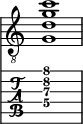  
<<
  %\override Score.BarLine.break-visibility = ##(#f #t #t)
  \time 1/1
    \new Staff  {
    \clef "treble_8"
        \once \override Staff.TimeSignature #'stencil = ##f
        <  g d' g' c''>1
    }

     \new TabStaff {
       \override Stem #'transparent = ##t
       \override Beam #'transparent = ##t 
      <  g\4 d'\3 g'\2 c''\1>1
  }
>>
